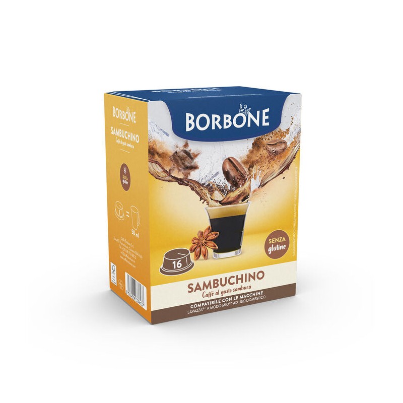 16 capsule Borbone COMPATIBILI con macchine a marchio Lavazza®* A Modo Mio®* - Bevanda solubile al gusto caffè e SAMBUCA