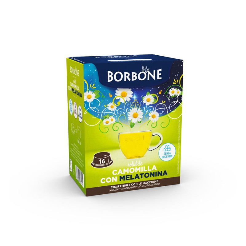 16 capsule Borbone COMPATIBILI con macchine a marchio Lavazza®* A Modo Mio®* - Bevanda solubile CAMOMILLA e MELATONINA